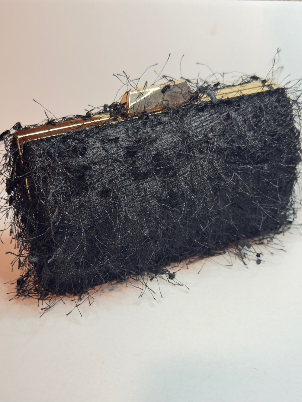 Textured Faux Fur Black Evening Clutch Gold Hardware with Removable Chain Strap